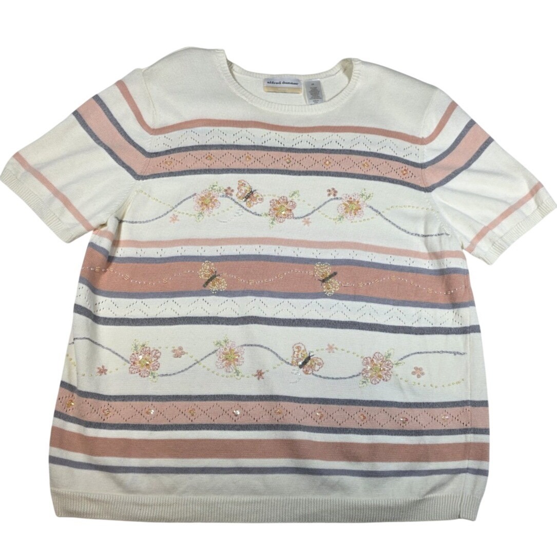 Vintage Embroidered Short Sleeve Knit Top 2x Stripe Floral Butterfly